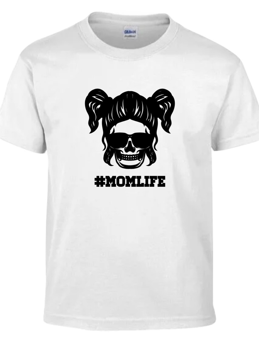 Gildan White Tee with Black Skull #MOMLIFE Graphic